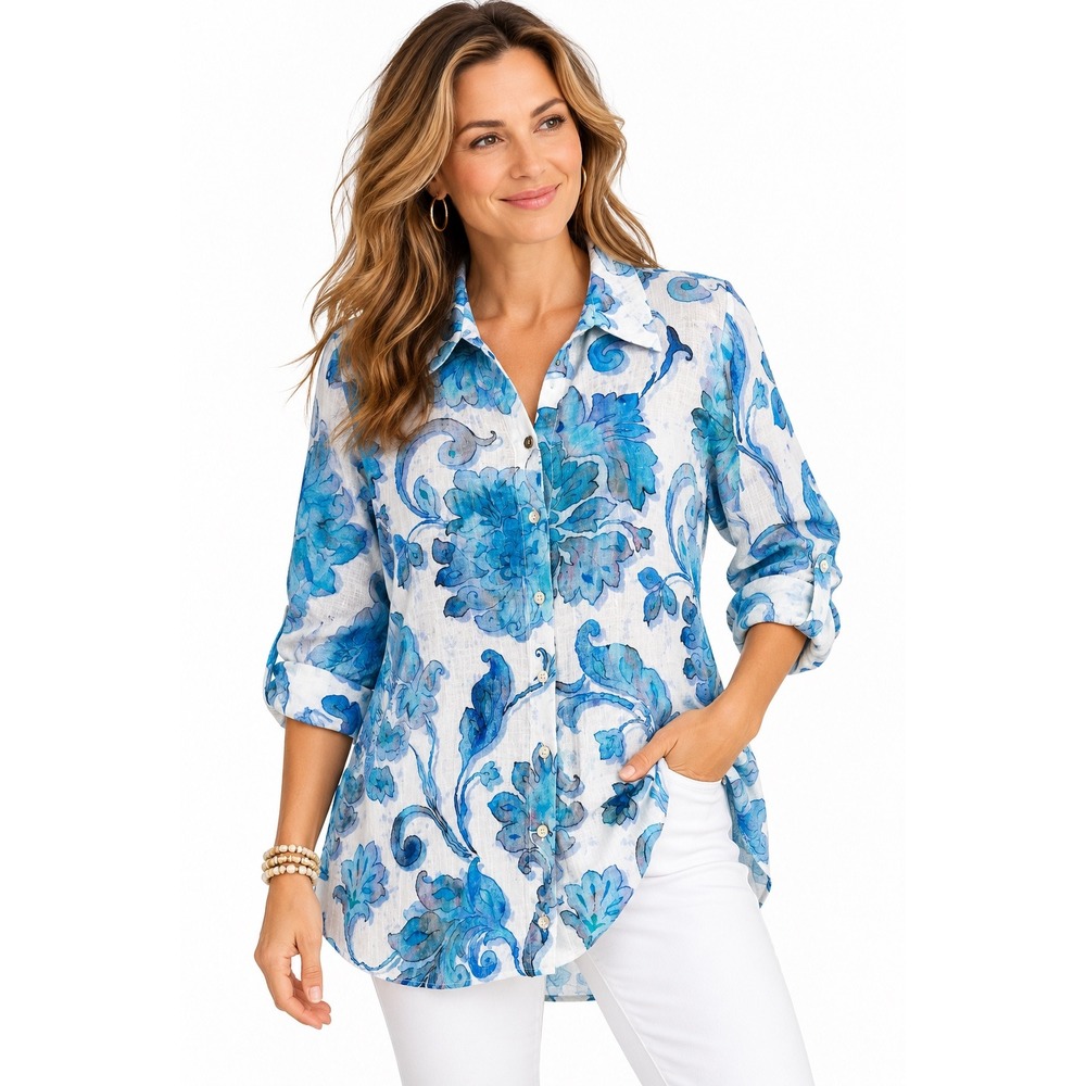 Soft Surroundings Blue Floral Cotton Gauze Button Front Shirt Pockets Size M